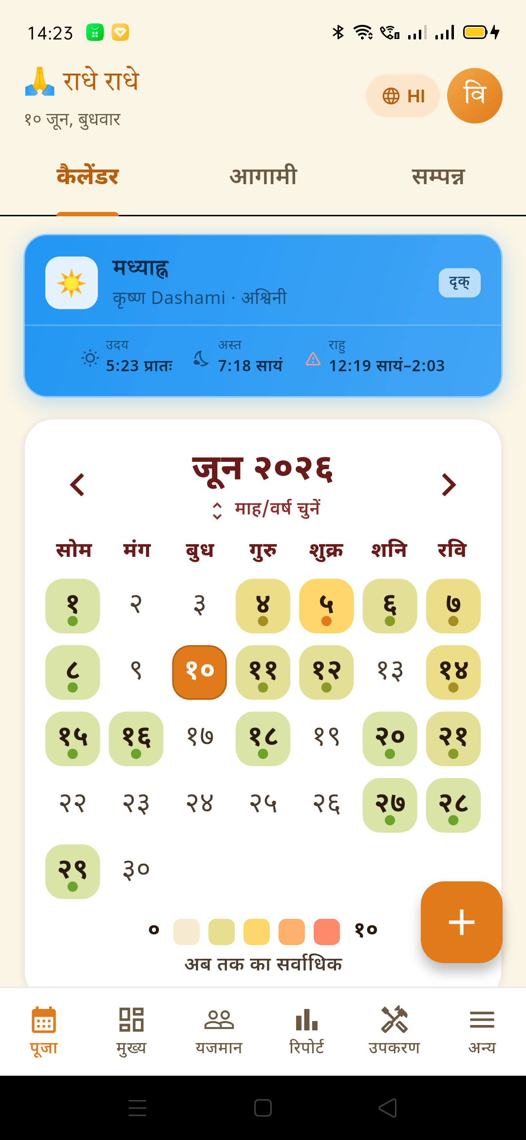 कैलेंडर tab — पूरा माह, heat-map